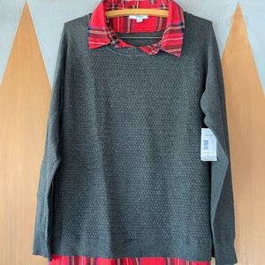 Indigo - Gray Sweater w/Red Plaid flannel collar and waist - Pull over -Size L